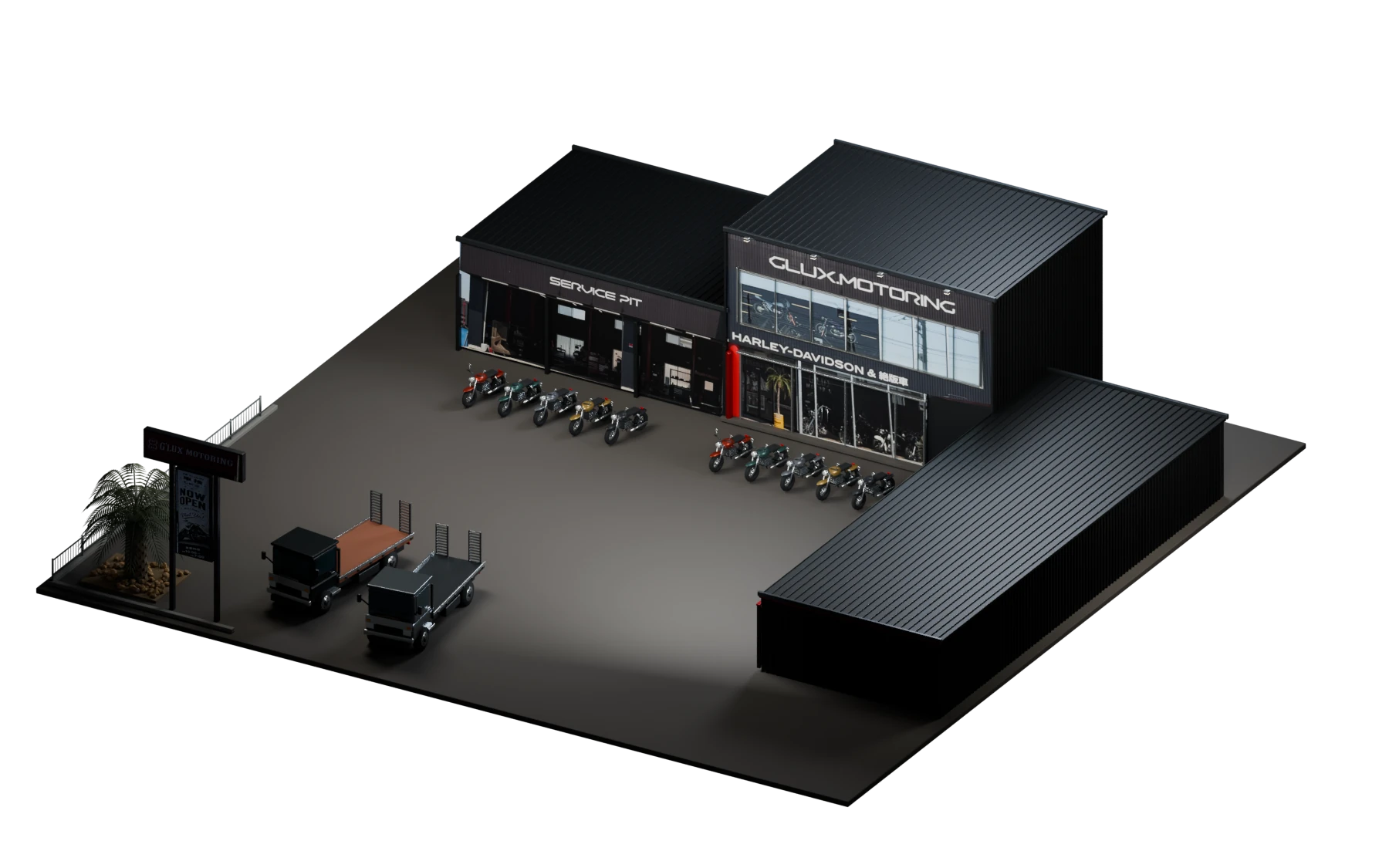 G'LUXの店舗3D。奥に整備工場と2階建て店舗、右に別棟ショールーム。店舗前にバイクと積載車。