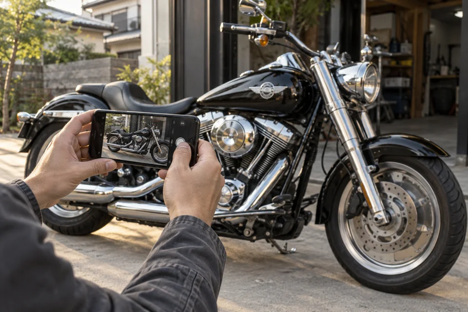 スマートフォンでバイクを撮影するイメージ